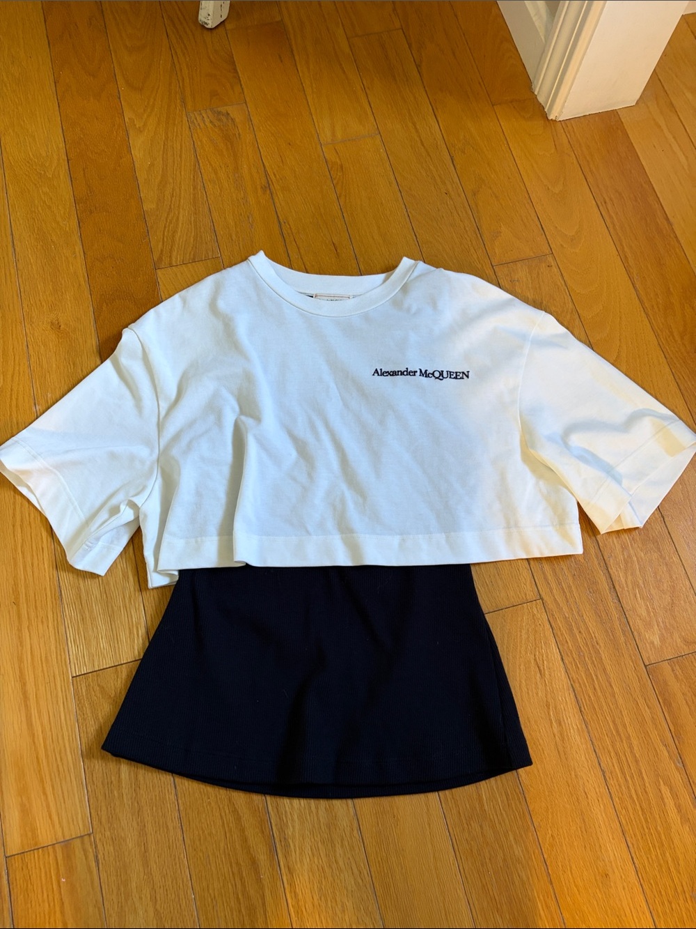 Alexander McQueen White Cropped Logo Tee with attached black ribbed tank